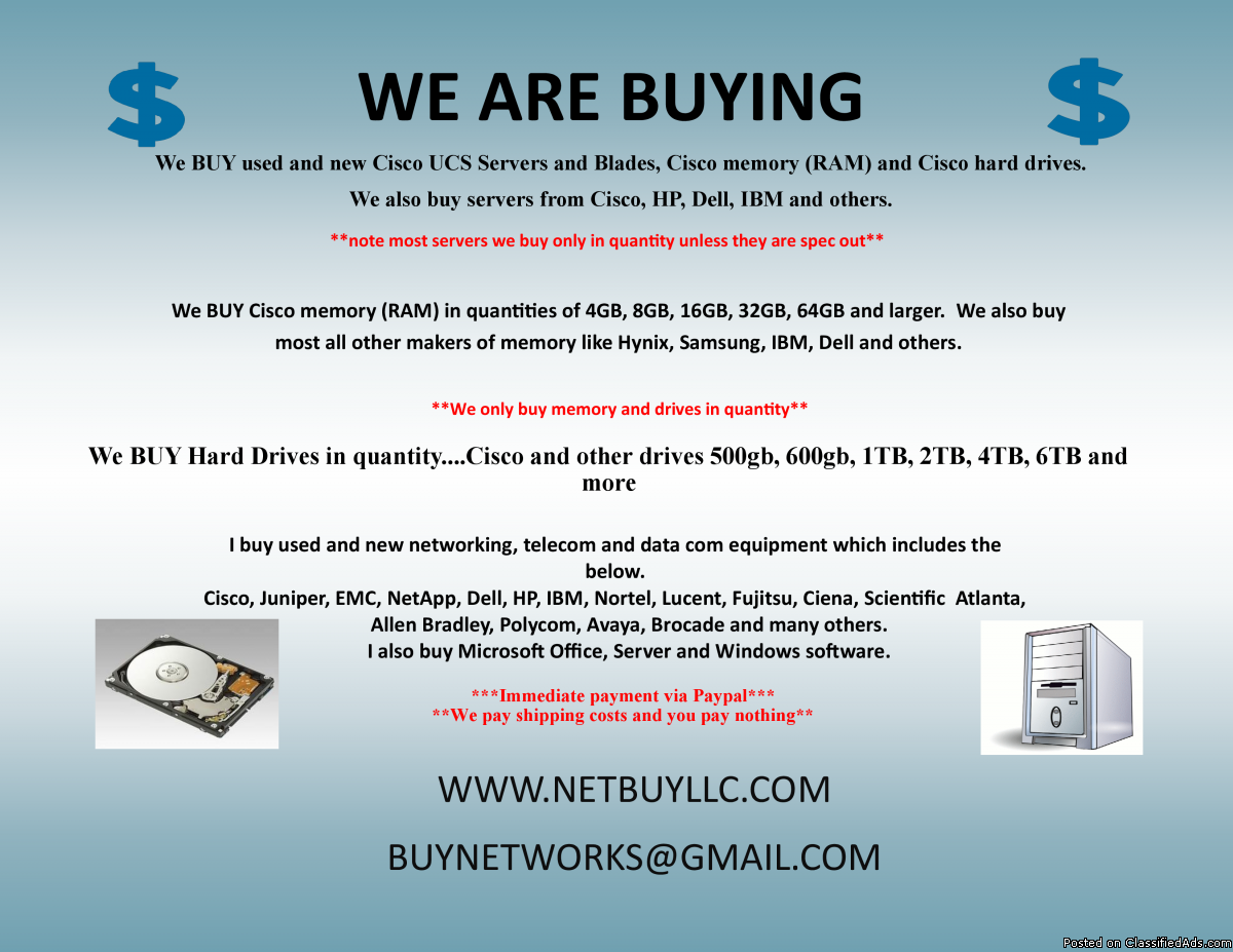 Photo WE BUY USED & NEW COMPUTER NETWORKING, SERVER MEMORY, DRIVES, CPU’S, DRIVE STORAGE ARRAYS, HARD DRIVES,  INTEL PROCESSORS, DATA COM, TELECOM & MORE - CISCO, EMC, NETAPP, INTEL, BROCADE, JUNIPER, CIENA, CALIX, SCIENTIFIC ATLANTA, ALLEN BRADLY, NORTEL, IB