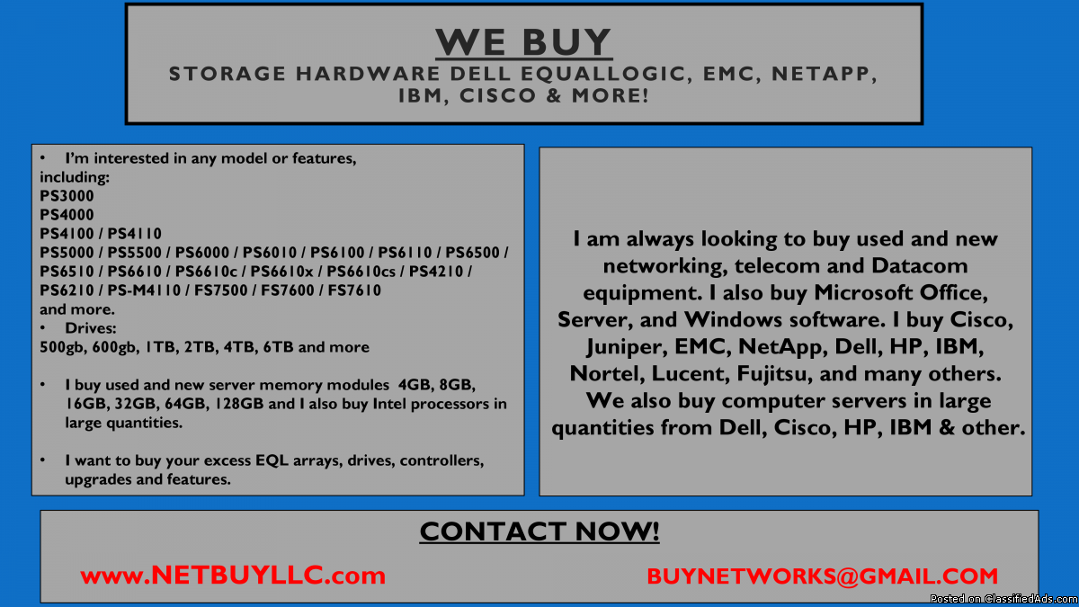 Photo WE ARE BUYING - WANTED WE BUY USED/NEW COMPUTER SERVERS, NETWORKING, MEMORY, DRIVES, CPU’S, RAM, DRIVE STORAGE ARRAYS, HARD DRIVES, SSD DRIVES,  INTEL & AMD PROCESSORS, DATA COM, TELECOM, IP PHONES & LOTS MORE - CISCO, EMC, NETAPP, INTEL, BROCADE, JUNIP