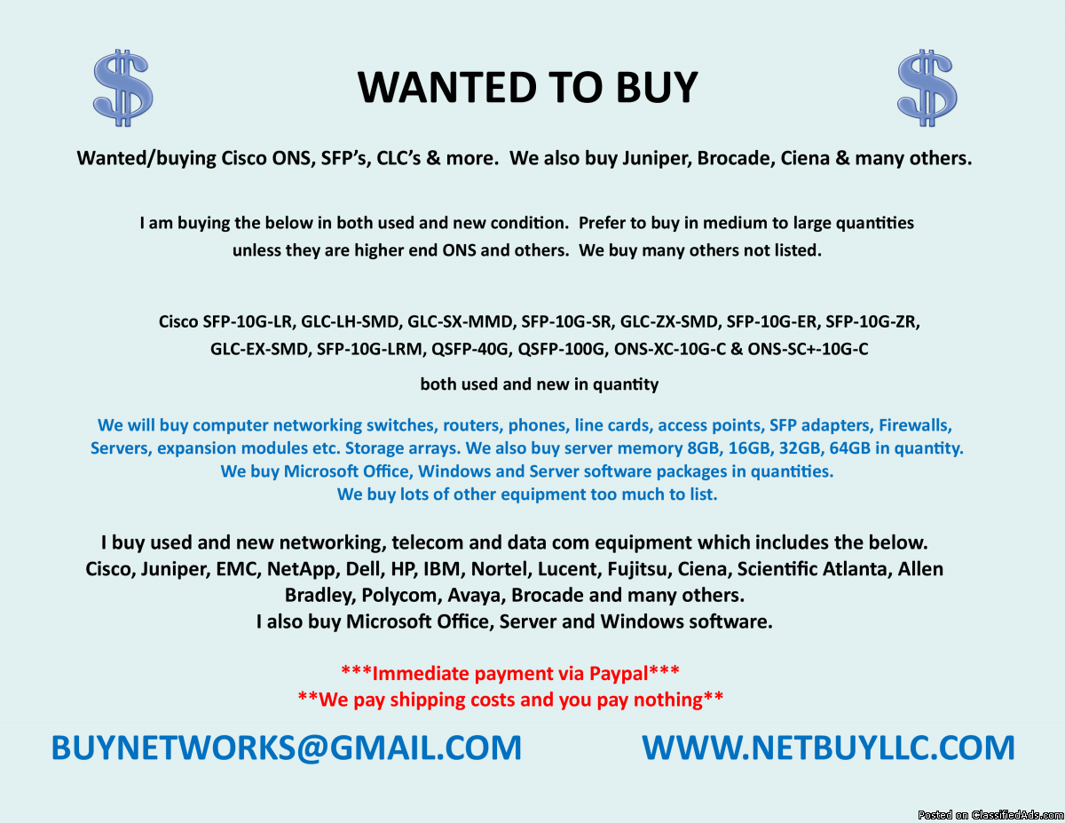 Photo -$$  WANTED - WE ARE BUYING > WE BUY USED AND NEW COMPUTER SERVERS, NETWORKING, MEMORY, DRIVES, CPU’S, RAM & MORE DRIVE STORAGE ARRAYS, HARD DRIVES, SSD DRIVES,  INTEL & AMD PROCESSORS, DATA COM, TELECOM, IP PHONES & LOTS MORE - CISCO, EMC, NETAPP, INTE