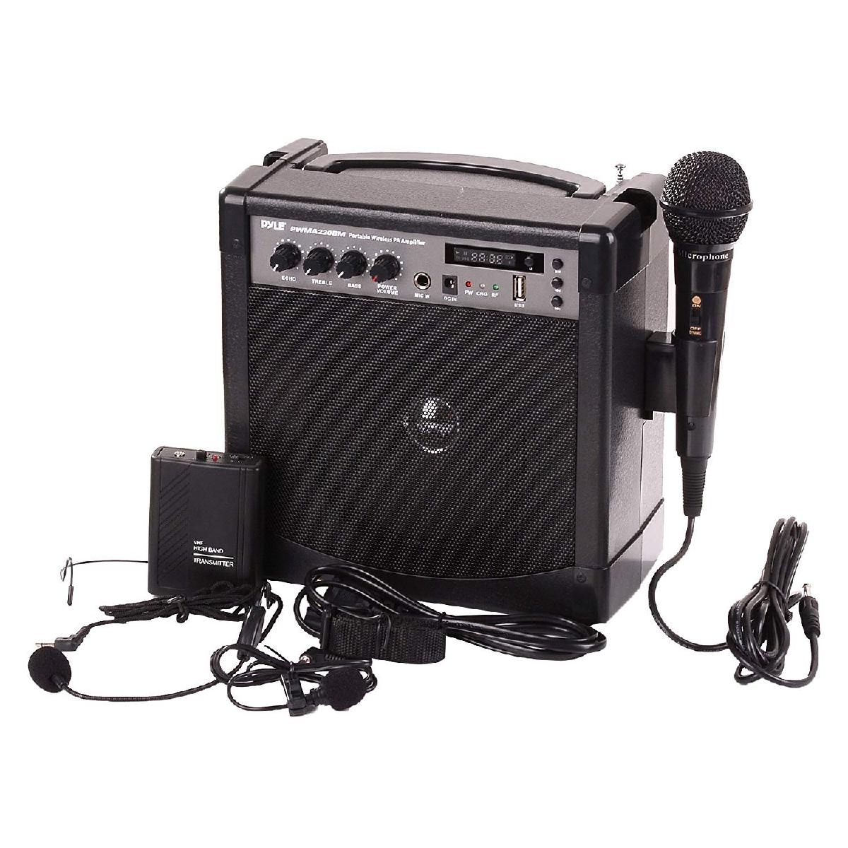 Photo Portable Bluetooth P.A system with a reg cord mic and head mic, tablet microphone stand, andtwo professional 12 channel wireless recording mics